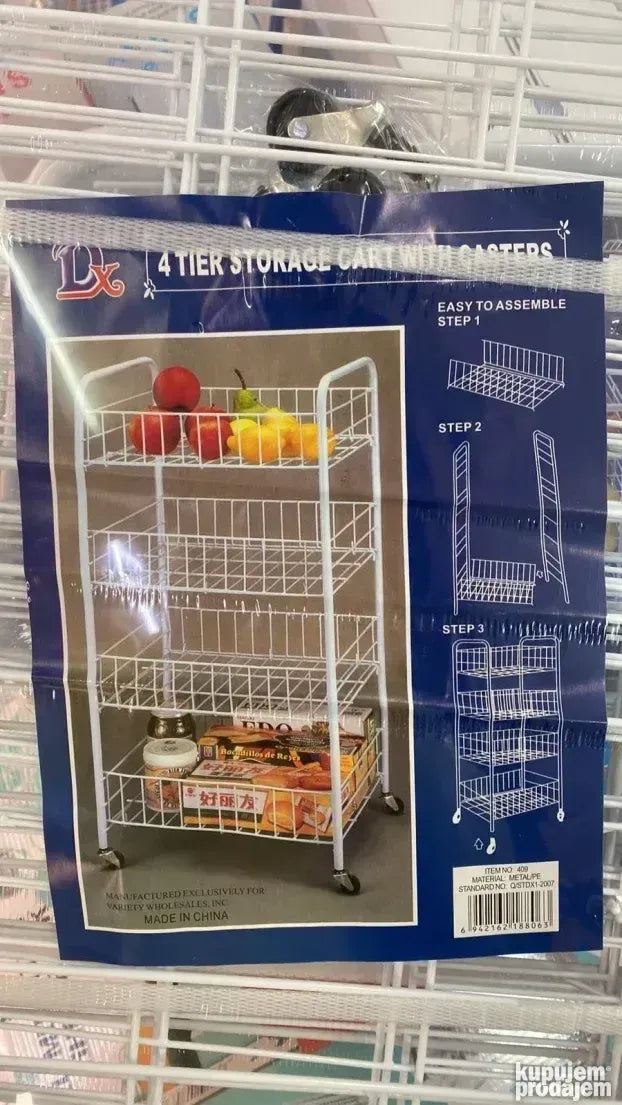 Kolica bele boje sa plastificiranom metalnom konstrukcijom i četiri nivoa za odlaganje.
