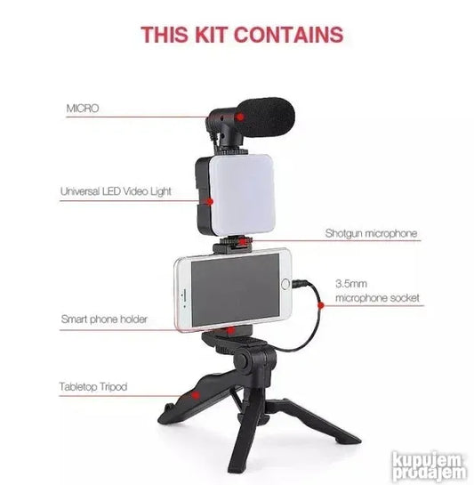 Komplet opreme za video snimanje sa LED svetlom, mikrofonom, stativom i držačem.