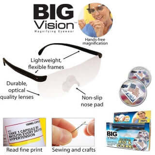 Big Vision Naocare za Uvelicavanje Naočare za uveličavanje do 160% Visokokvalitetni polikarbonat Lagane i udobne u upotrebi Pogodne za nošenje preko drugih naočara Uvećanje za precizne poslove i čitanje Pomažu kod teškoća u vidu Inovativni dizajn za jasniju sliku Dimenzije: 13.8 x 4.8cm Korisne za rad na računaru i druge detaljne aktivnosti.