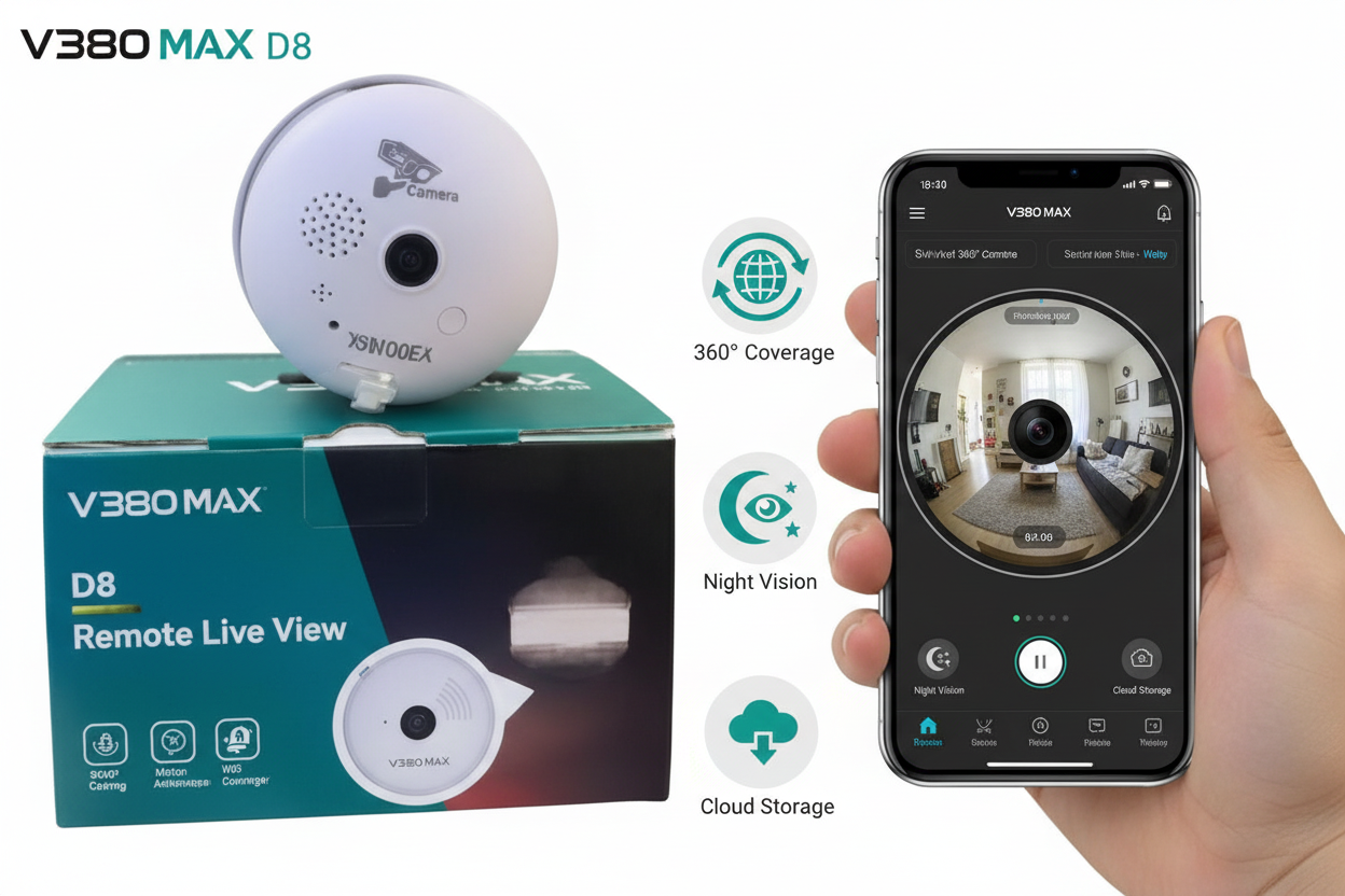 V380 MAX D8 kamera sa prikazom live view aplikacije