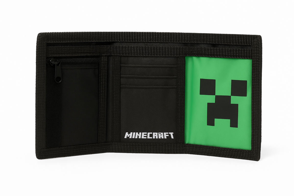Zeleno-crni novčanik sa Creeper motivom iz Minecrafta.