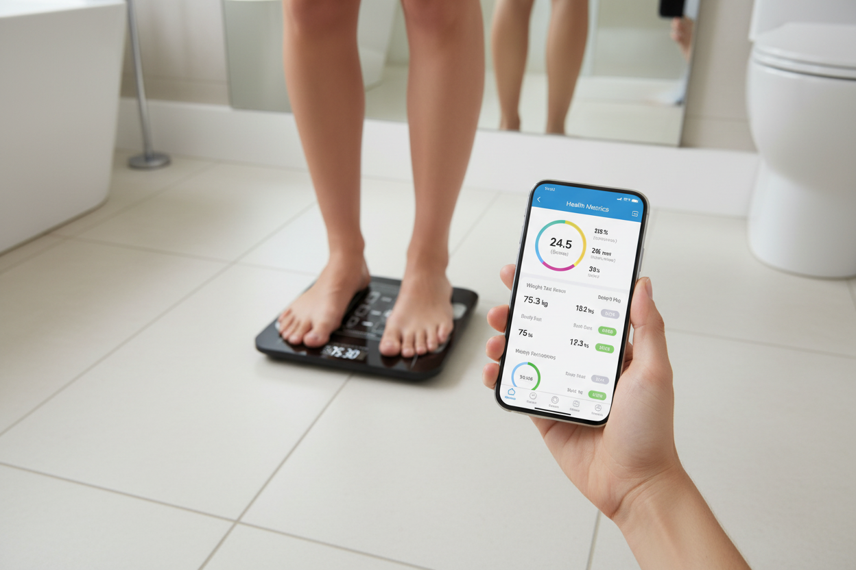 Pametna vaga u upotrebi – lifestyle foto sa telefonom i app