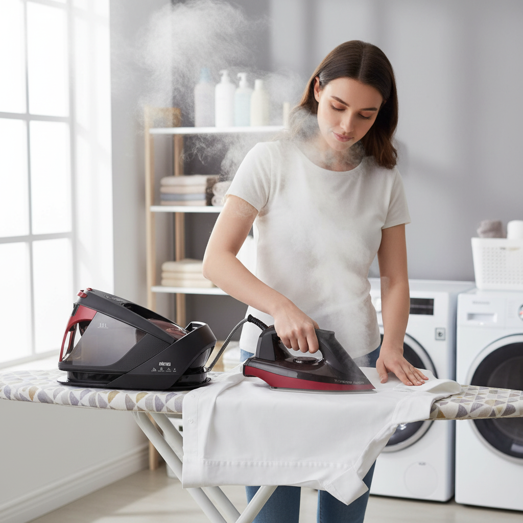 Žena pegla odeću sa DSP parnom stanicom – lifestyle foto