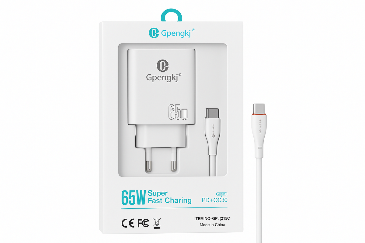 Prikazan je punjač od 65 W koji koristi GaN tehnologiju i dolazi sa USB-C kablom.