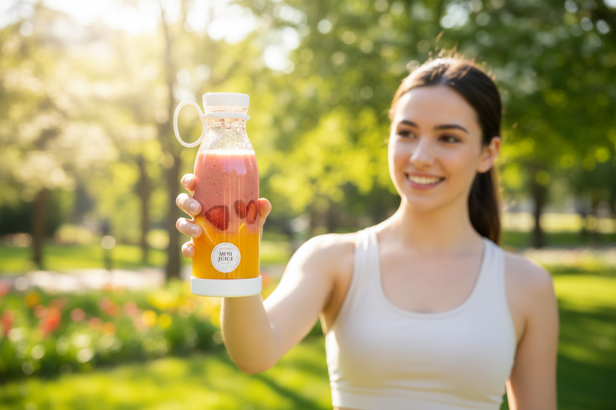 Mini Juice blender u upotrebi – lifestyle foto sa smoothijem