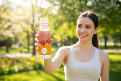 Mini Juice blender u upotrebi – lifestyle foto sa smoothijem
