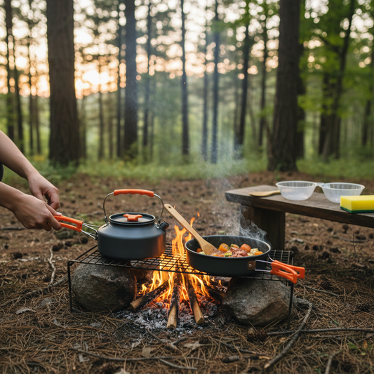 Camping cookware set u upotrebi na vatri u prirodi