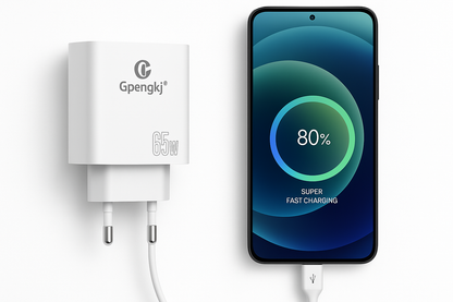 Na slici je prikazan GaN punjač snage 65 W sa USB-C kablom.