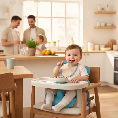 Beba sedi u plavoj stolici za hranjenje – lifestyle foto