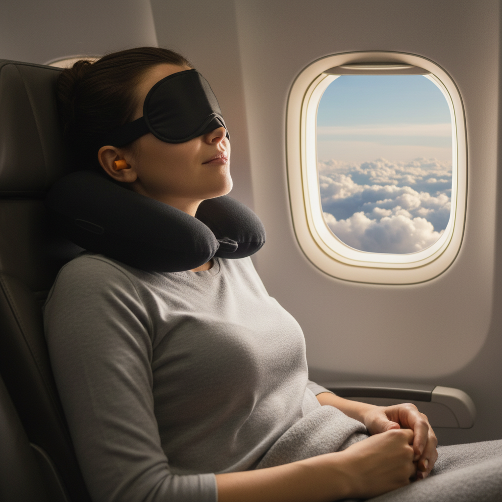 Travel Selection – žena u avionu sa jastukom i maskom
