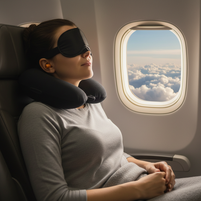 Travel Selection – žena u avionu sa jastukom i maskom