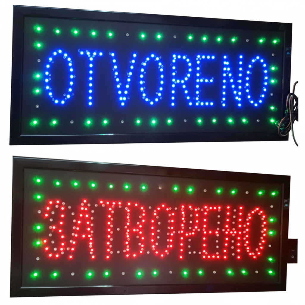 Plava LED reklama sa oznakama „Otvoreno“ i „Zatvoreno“.