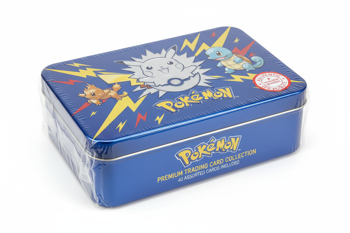 Pokémon karte sa foil karakteristikom u metalnom pakovanju.