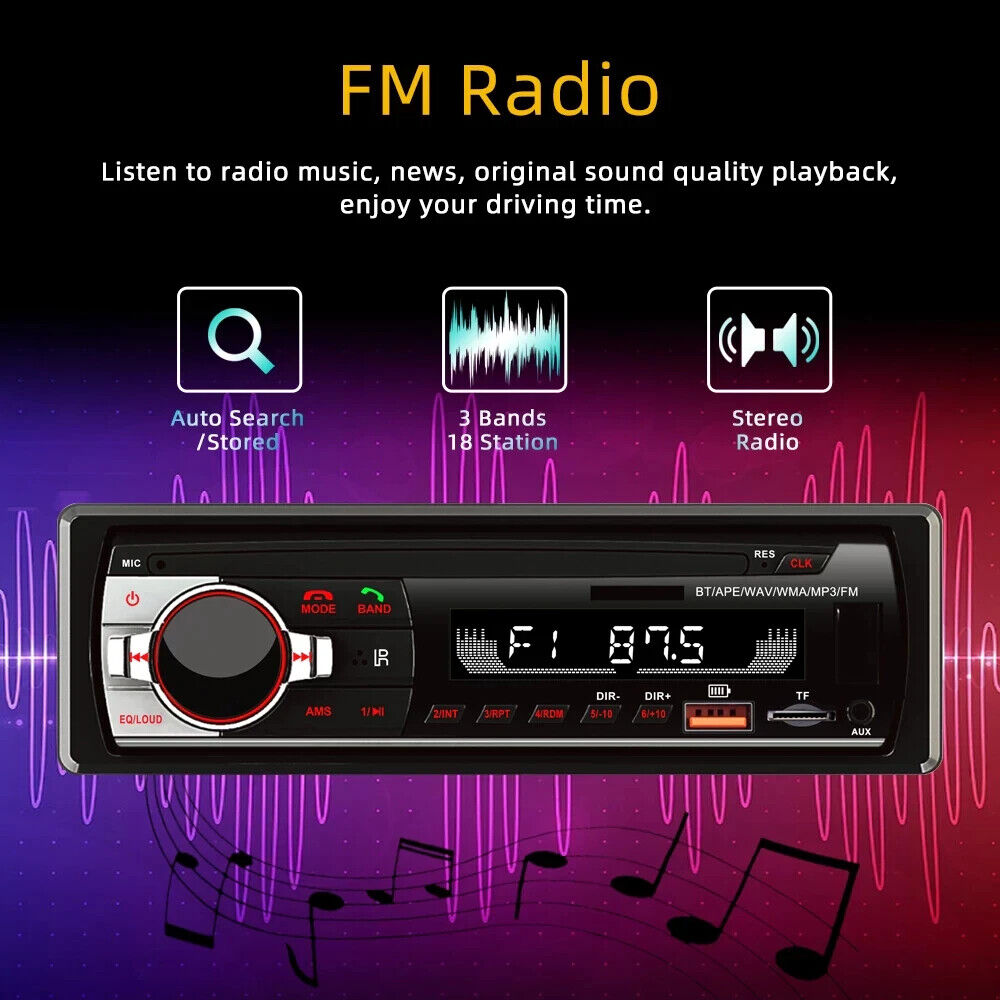 Crni auto radio za vozilo, sa napajanjem iz električnog sistema vozila.