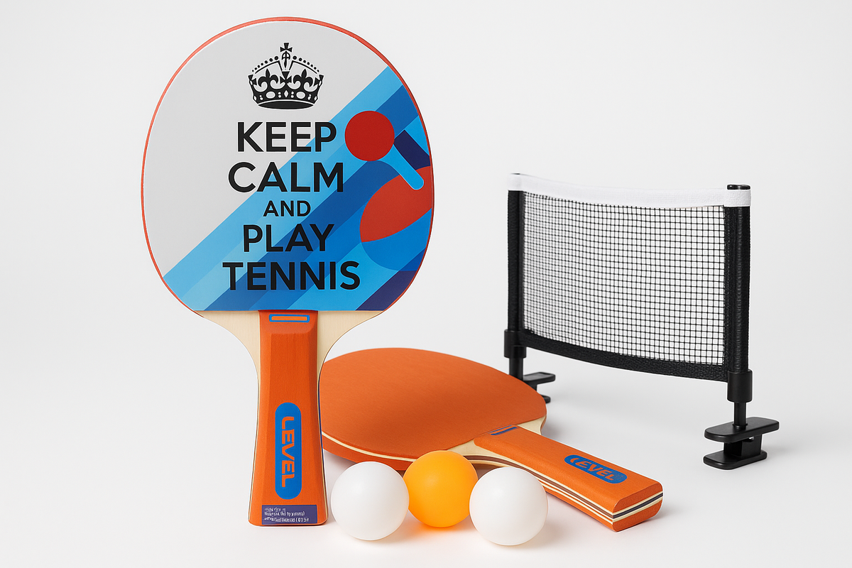 Set za ping pong sa geometrijskim motivima, reketima, mrežicom i lopticama.
